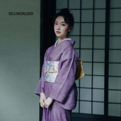 2019 SELLWORLDER retro Japanese Kimono Style yukata Girl pruple dress Woman Starlight print Long Dress with handbag