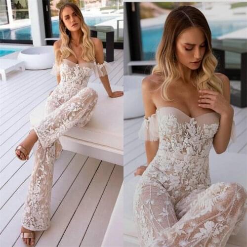2020 Modest Jumpsuit Wedding Dresses Off the Shoulder Floral Lace Appliques Ankle Length Bridal Gowns Backless Country Wedding G