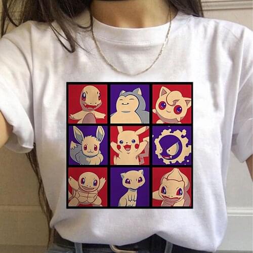 2021 Fashion Summer Pokemon T-shirt Pikachu Bulbasaur Tops Cartoons Kawaii Anime Painting Print Women Casual Clothes Tee Shirt