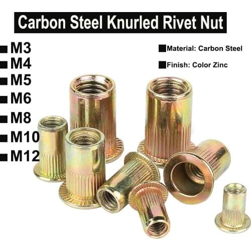 30/20/10Pcs M3 M4 M5 M6 M8 M10 M12 Carbon Steel Zinc Plated Knurled Rivet Nut Flat Head Threaded Rivet Insert Cap Rivet Nut