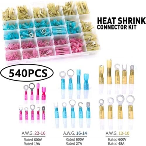 540/510/250pcs Heat Shrink Wire Connectors Waterproof Seal Electrical Cable Crimp Terminals Ring Fork Spade Butt Splice AWG22-10