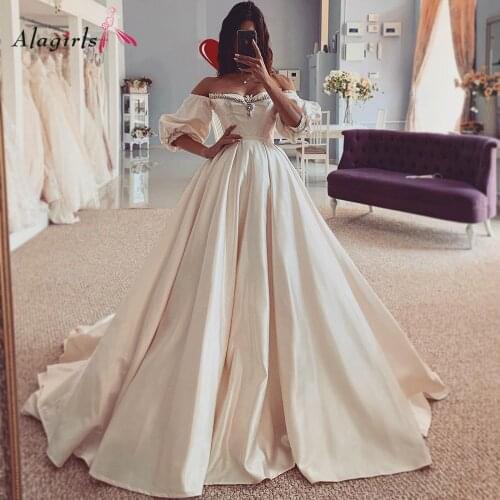 Alagirls Satin Ivory Wedding Dress Off The Shoulder Half Sleeve Lace-Up Bridal Gown 2020 Custom Made