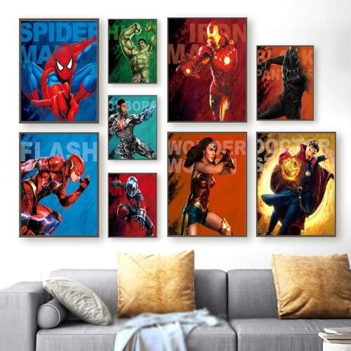 Marvel Superhero Canvas Painting Spider-Man Iron Man Black Panther Wonder Woman Prints Poster Home Decor Kid Room Watercolor