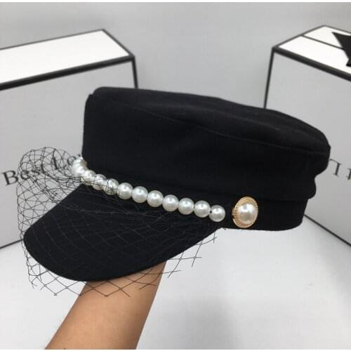The new wool black visors with socialite pearl and lace for women restoring ancient ways British navy cap