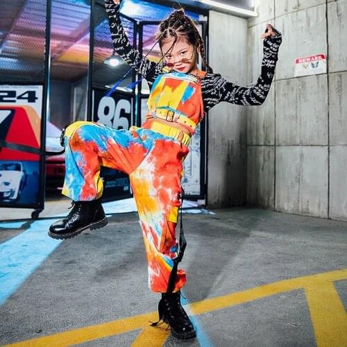 New Children Jazz Dance Costumes Girls Handsome Hip Hop Tie-Dye Pants Black Long Sleeve Tops Kids Street Dance Clothes 2021
