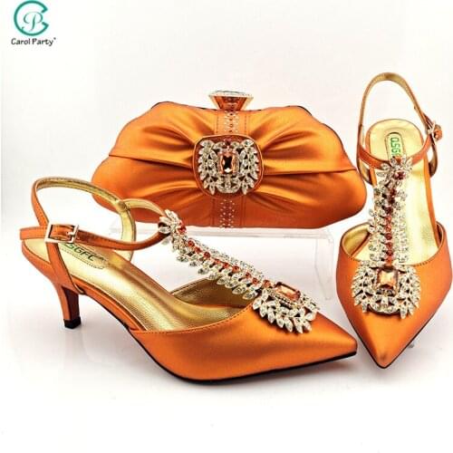 Newest Italian design Fashion Special Style African Womens Wedding Shoes and Bag Sets in Orange Color for Royal Party