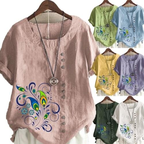 New Women Summer Casual Floral Print Loose T-shirts Vintage Round Neck Plus Size Short Sleeve Blouse Tops S-5XL