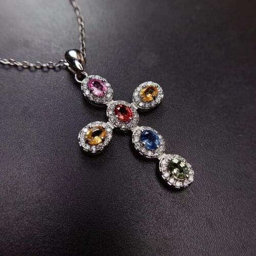 S925 silver natural Multicolor sapphire necklace natural gemstone pendant Elegant lucky cross woman girl party gift fine jewelry