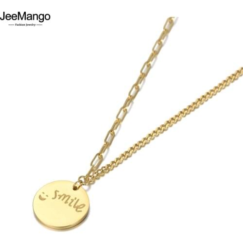 JeeMango Smile Tag Charm Pendant Necklaces For Women Trendy 14K Gold Titanium Stainless Steel Bohemia Party Necklace JN20147