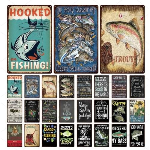 Hooked Fishing Poster Metal Tin Sign Decorative Plaques Fishing Club Kitchen Modern Home Decoration Vintage Plate Painting Decor