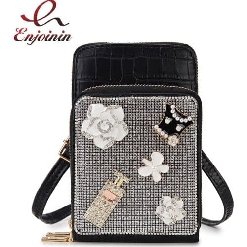 Luxury Diamond Mini Shoulder Bag for Women Black Leather Flower Pattern Designer Bag Party Clutch Fashion Purses and Handbags