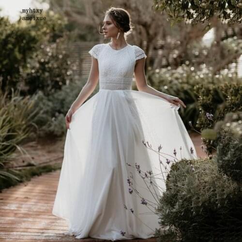 Sexy Simple Wedding Dress 2021 Cap Sleeves Boho Lace Bride Dress Chiffon Beach Bridal Gown Customized Plus Size Vestido De Noiva