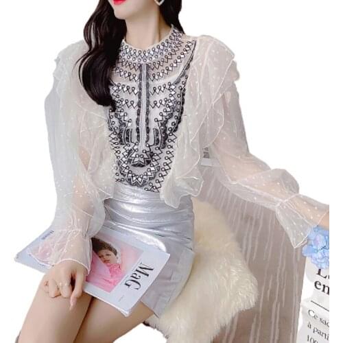 PERHAPS U Women Girls Chiffon Slim Fit Ruffle Embroidered Polka Dot O-Neck Mesh Shirt Top Flared Sleeved Shirt Tops B3067