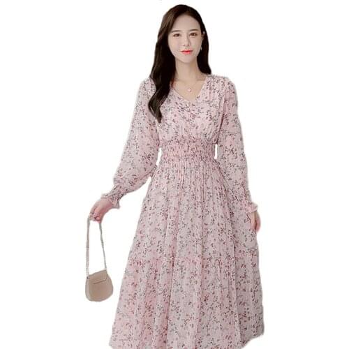 Floral Chiffon Dress Women 2021 Spring Autumn New Sweet Gentle Elastic Waist Loose Long Sleeve V-neck Slim Dresses Female LR1332