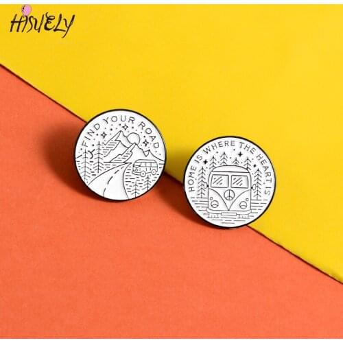 Fashion Mountain Forest Outdoor Adventure Brooch Bus Enamel Pin Ladies Creative Round Brooch