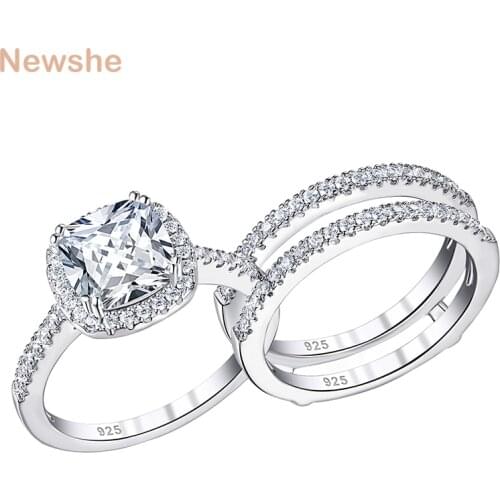 Newshe Solid 925 Sterling Silver Engagement Ring Set For Women Guard Wedding Band Halo Cushion Cut AAAAA CZ Minimalist Jewelry