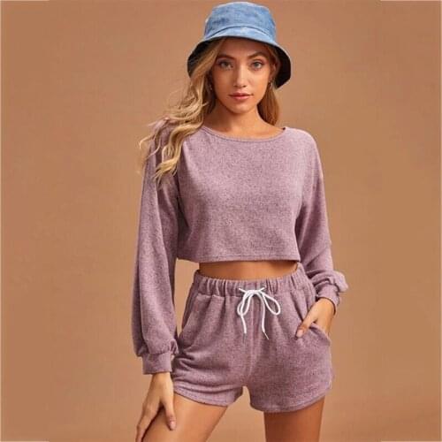 2021 Summer New Womens Solid Color Round Neck Long-Sleeved Drawstring Short Casual Sweater Two-Piece Suit