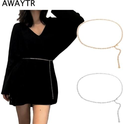 AWAYTR Women Fashion Metal Waist Chain Belt Gold Silver Narrow Adjustable Sweater Chain High Waist Tassel Cummerbund Accessories