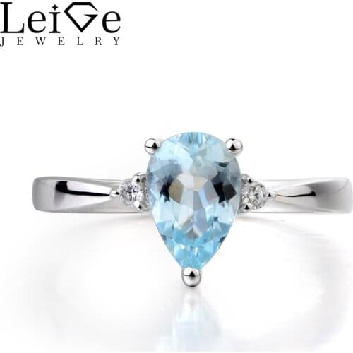 Leige Jewelry Natural Aquamarine Ring Aquamarine Anniversary Ring March Birthstone Pear Cut Blue Gemstone 925 Sterling Silver