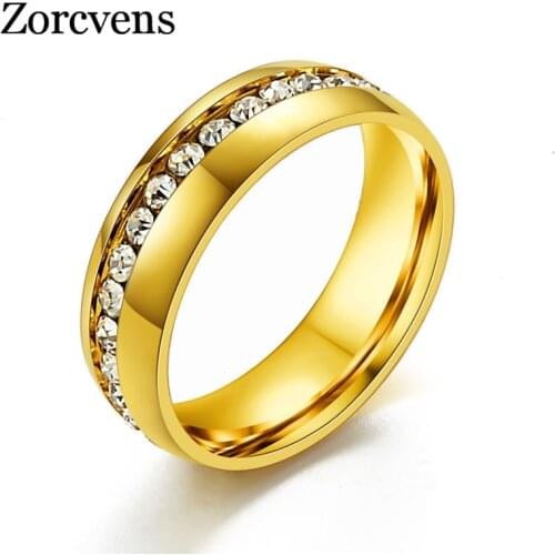 ZORCVENS Fashion Gold-Color Crystal Wedding Ring Stainless Steel Rhinestones Jewelry Ring For Women bijoux