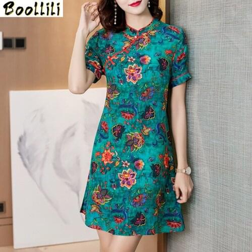 Boollili Real Silk Dress for Women Print Floral Summer Dresses Fashion Mini Dress Elegant Vintage Party Dress Vestido Mujer