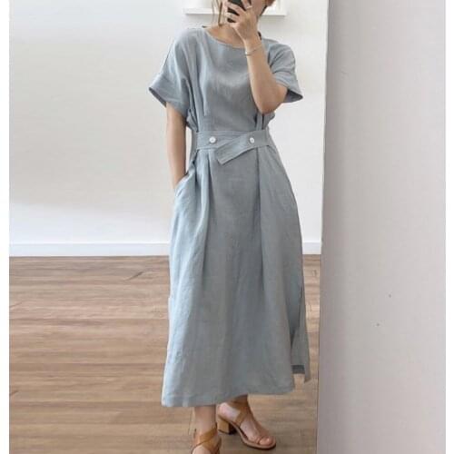 Korean Chic Round Neck Slim Split Short Sleeve Dress Summer Solid Party Midi Dresses Sundress 2021 Casual Vestidos Femme Robe