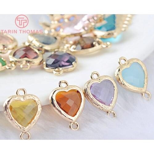 10PCS 15x10MM 16x11MM 24K Champagne Gold Color Brass and Glass 2 Holes Heart Shape Connect Charms Pendants Jewelry Accessories