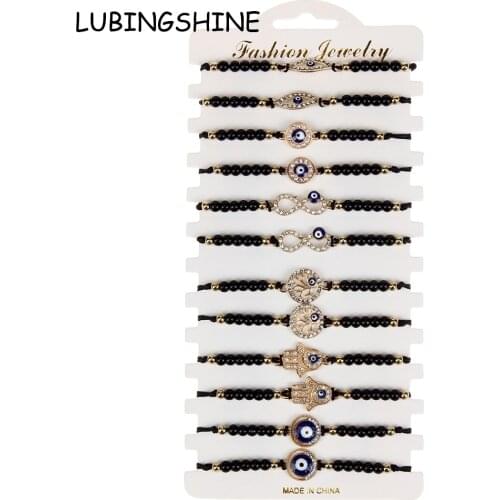 12pc/set Black Beads Evil Eye Charm Bracelets Crystal Fatima Hand Adjustable Cotton Rope Braided Bracelet Set for Women Girl