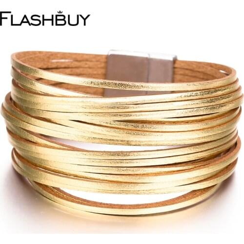 Flashbuy Fashion Gold Color Multilayer Leather Bracelets For Women Multicolor Magnetic Bangles Couple Jewelry Wholesale