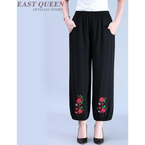 Older Women Wide Leg Pants 2019 Black Bloomers Cotton Linen High Elastic Waist Embroidery Capris Online Chinese Store TA1783