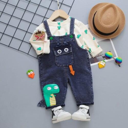 Children All-Match Denim Suspenders Trousers Infants Baby Boys Autumn Clothes Casual Girls Printed Sweater Long-Sleeved 2pcs Set
