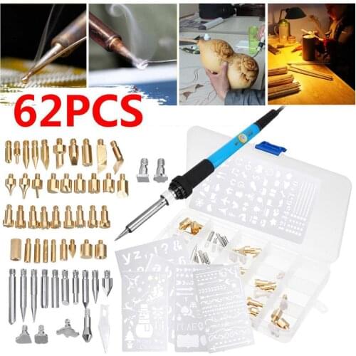 62Pcs 60W Electric Soldering Iron Wood Burning Pen Tip Kit Pyrography Craft Tool for Woodworking Soldering Metal Work Craft