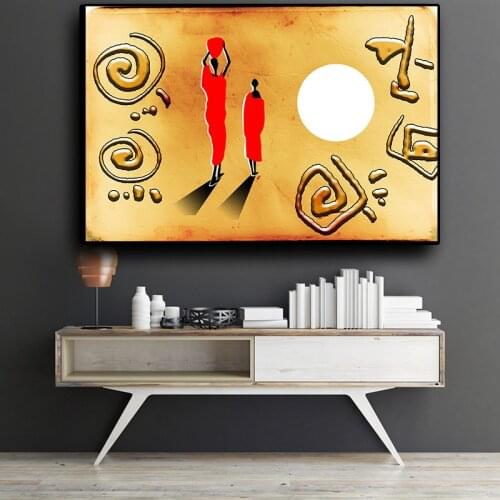 Sunset African Figure Gold Abstract Geometry Oil Painting on Canvas Posters and Prints Cuadros Wall Art Picture for Living Room