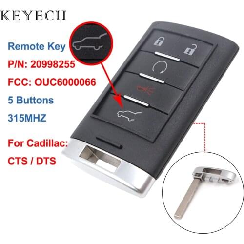Keyecu Remote Car Key Fob 5 Buttons 315MHZ for Cadillac CTS DTS 2008 2009 2010 2011 2012 2013, FCC: OUC6000066, P/N: 20998255