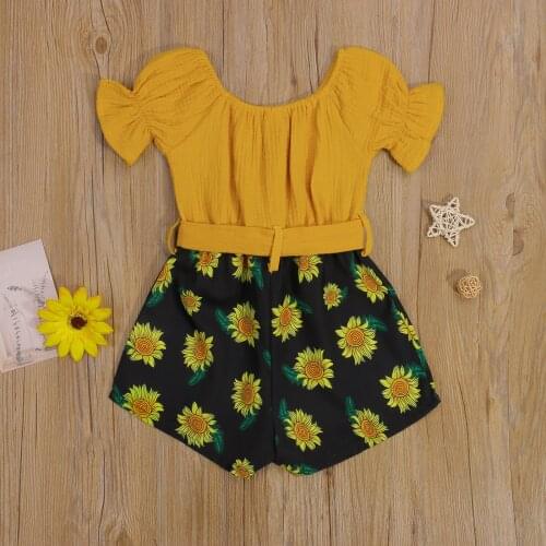 Kids Summer Rompers Sunflower Print Stitching O-Neck Short Bubble Sleeves Jumpsuit for Girls, 18 Months to 6 Years