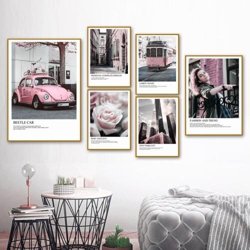 Fashion Girl Pink Rose Tram Car Wall Art Canvas Painting Nordic Posters And Prints Landscape Wall Pictures For Living Room Decor