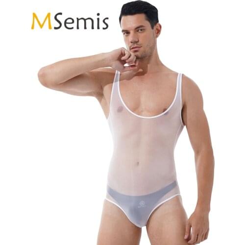 Mens Erotic Sexy Teddies Glossy Scoop Neck Sleeveless Sexy Bodysuit Underwear See-through Leotard for Lingerie Party Honeymoon