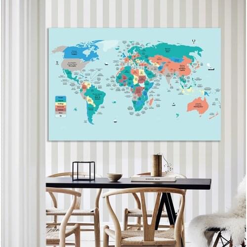 225*150 Cm The World Capitals and Local Language Translation Map Poster Non-woven Canvas Painting Home Decor School Supplies