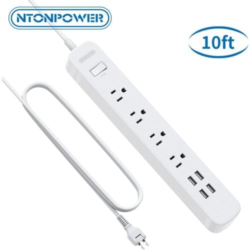 NTONPOWER US Plug Power Strip 1700J Surge Protector With 10FT Extension Cord 4 Outlets 4 USB Ports Multiple Socket Cord For Home