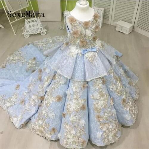 Sky Blue Flower Girl Dress for Wedding Girls Birthday Dress Sweep Train Pageant Party Gowns Kids Communion Gown