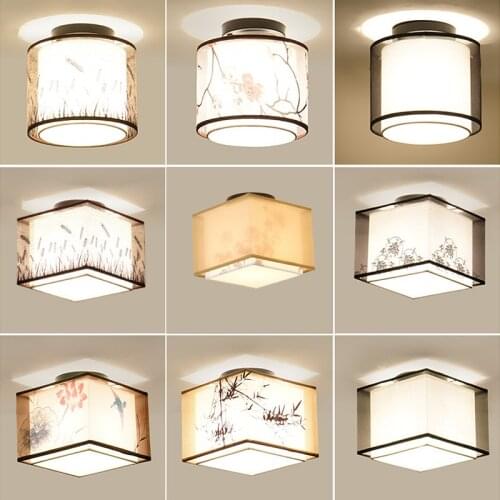 Chinese Style Linen Fabric Ceiling Lights Led Vintage Ceiling Lamp for Living Room Bedroom Home Decor Aisle Lighting Fixtures