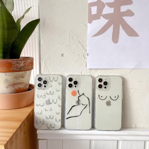 Cute woman funny line chest breast clear soft phone protect case for phone 12 Pro Max 11 X XS XR 7 8 Plus INS Personality cover