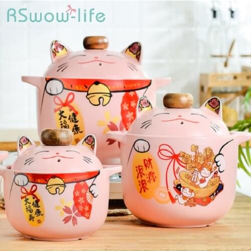 Cartoon Lucky Cat High Temperature Resistant Ceramic Pot High Temperature Resistant Casserole Soup Pot Household Stew Pot