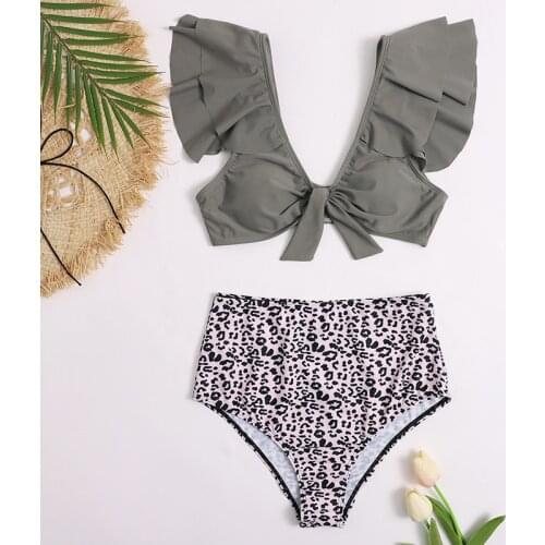 Sexy V-Neck Ruffle Shoulder Push Up Bikinis Women Falbala Swimwear Ruffled Bikini Set Leopard Beach Wear Bathing Suits Biquini