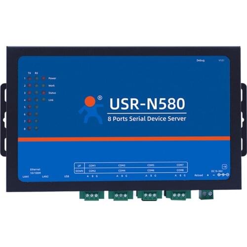 USR-N580 8*RS485 Ports Serial Ethernet Converters Support RS485 Communication Indicator Lights (TX/RX) with Two Ethernet Port