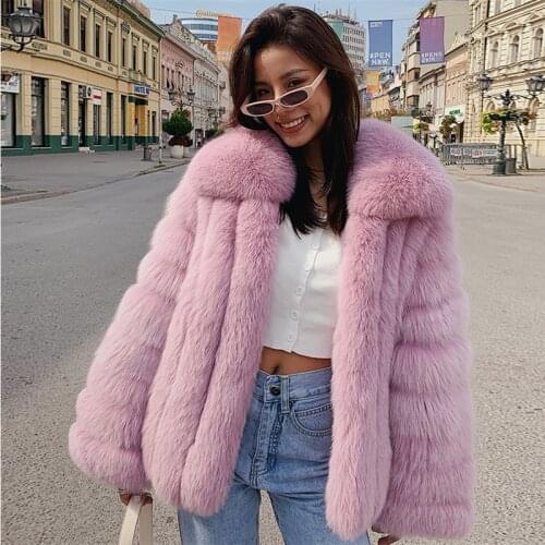 High Quality Pink Fox Fur Coat Real Fur Winter Clothes Women Sweet Big Fur Collar Fashion Girl Street Style Furry Warm Jacket