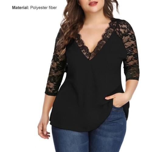 2021 Fashion New Women Blouse Lace Patchwork V Neck Autumn Winter Loose Contrast Color 3/4 Sleeve Shirt Top Streetwear Plus Size