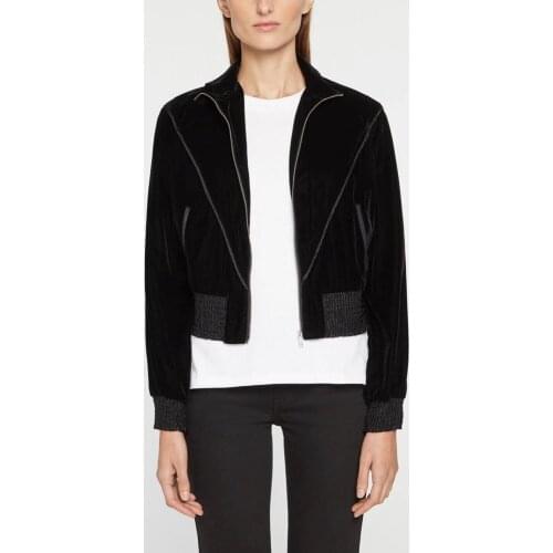 Woman Black Velvet Cropped Jacket Zipper Front With Pockets Long Sleeves High Waistband Velvet Long Pants Set with letters print