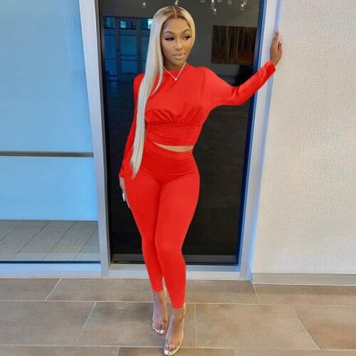 Two Piece Sets Women Solid Autumn Tracksuits High Waist Stretchy Sportswear Slim Waist Crop Tops and Leggings Matching Outfits