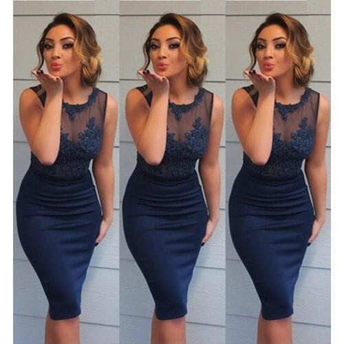 Women Summer Dress Lace Sheer O-Neck Sleeveless Tight-Fitting Body-Hugging Skirt for Ladies Dark Blue birthday dress for women